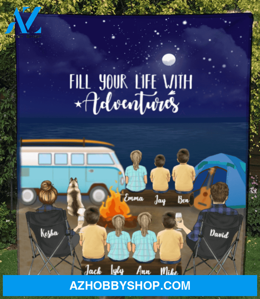 Personalized blanket gift idea for the whole family, dog lovers - Parents with 7 kids & 1 dog night beach camping fleece blanket