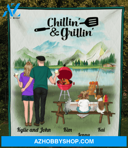 Personalized blanket gift idea for the whole family - Parents with kids and pets camping grill quilt blanket