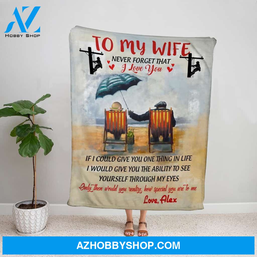 Personalized Blanket, Lineman Alex Letter To My Wife Mever Forget That I Love You Old Couple Beach Fleece Blanket