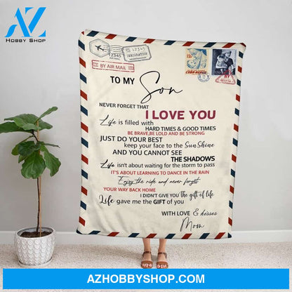 Personalized Blanket, Mom Letter To My Son Never Forget That I Love You Air Mail Fleece Blanket
