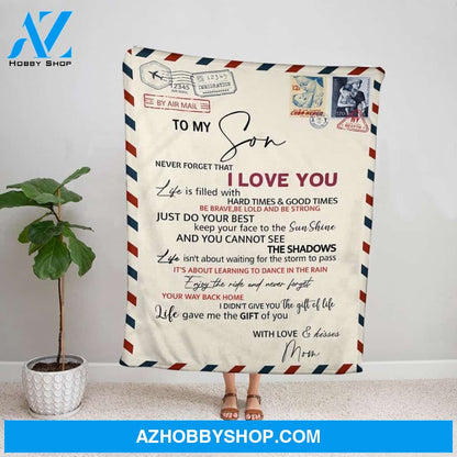 Personalized Blanket, Mom Letter To My Son Never Forget That I Love You Air Mail Fleece Blanket