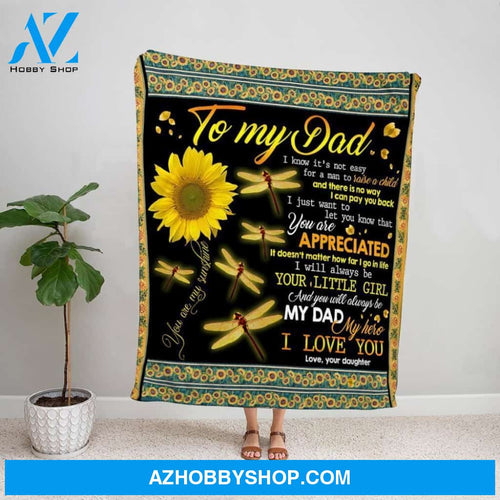 Personalized Blanket, Sunflower Letter To My Dad You Are My Sunshine Butterfly Yellow Fleece Blanket