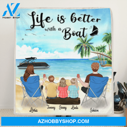 Personalized Boating Fleece Blanket - Parents with 3 Kids - Gift idea for the whole family - Life is better with a Boat