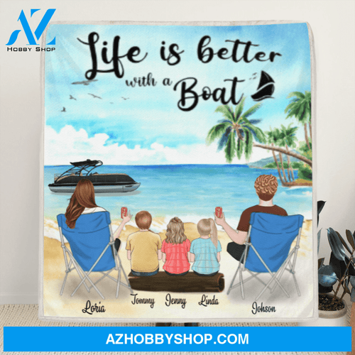 Personalized Boating Fleece Blanket - Parents with 3 Kids - Gift idea for the whole family - Life is better with a Boat