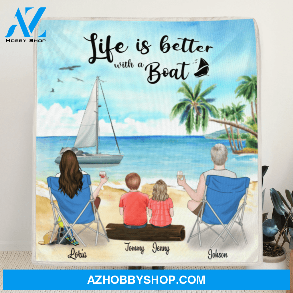 Personalized Boating Fleece Blanket - Parents with 2 Kids - Gift idea for the whole family - Life is better with a Boat