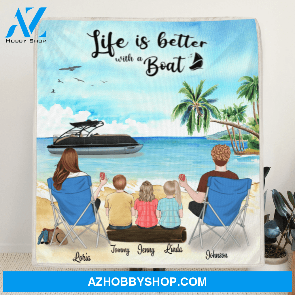 Personalized Boating Fleece Blanket - Parents with 3 Kids, Full Option - Gift idea for the whole family - Life is better with a Boat