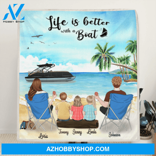 Personalized Boating Fleece Blanket - Parents with 3 Kids, Full Option - Gift idea for the whole family - Life is better with a Boat