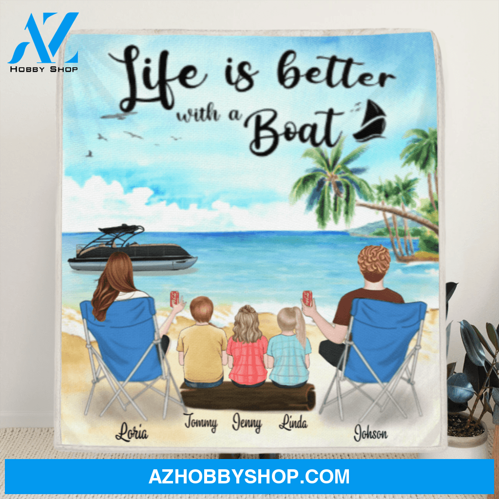 Personalized Boating Fleece Blanket - Parents with 3 Kids - Gift idea for the whole family - Life is better with a Boat
