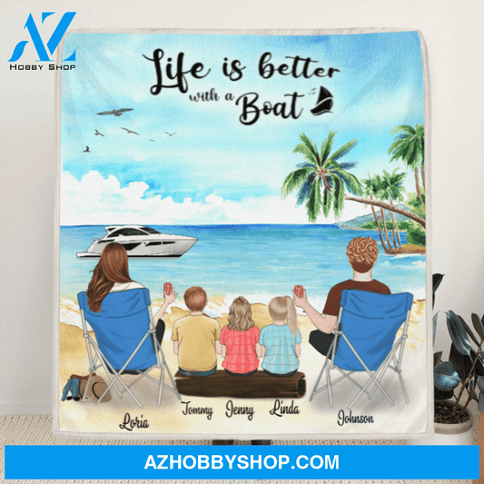 Personalized Boating Fleece Blanket - Parents with 3 Kids, Full Option - Gift idea for the whole family - Life is better with a Boat