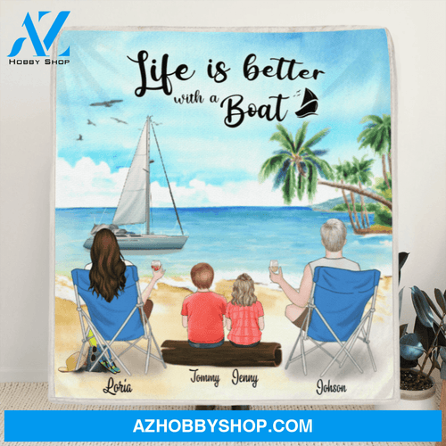 Personalized Boating Fleece Blanket - Parents with 2 Kids - Gift idea for the whole family - Life is better with a Boat