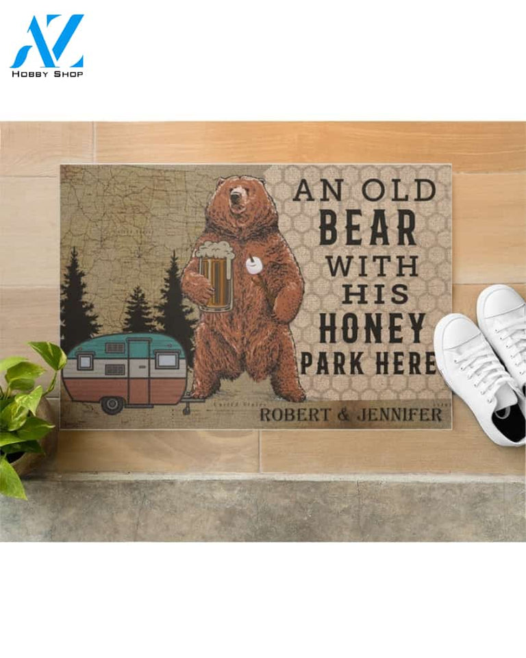 Personalized Camping an old bear with his honey park here doormat