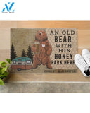 Personalized Camping an old bear with his honey park here doormat