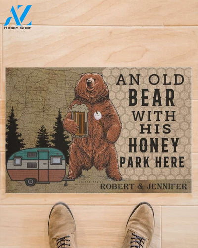 Personalized Camping an old bear with his honey park here doormat