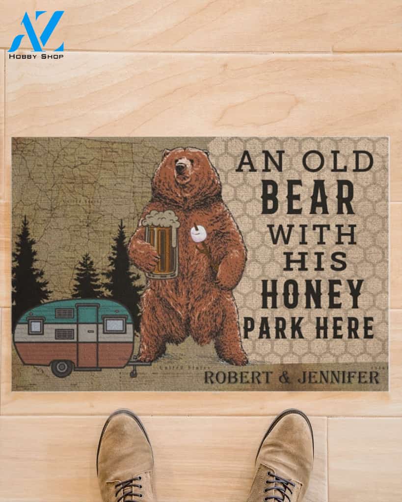 Personalized Camping an old bear with his honey park here doormat