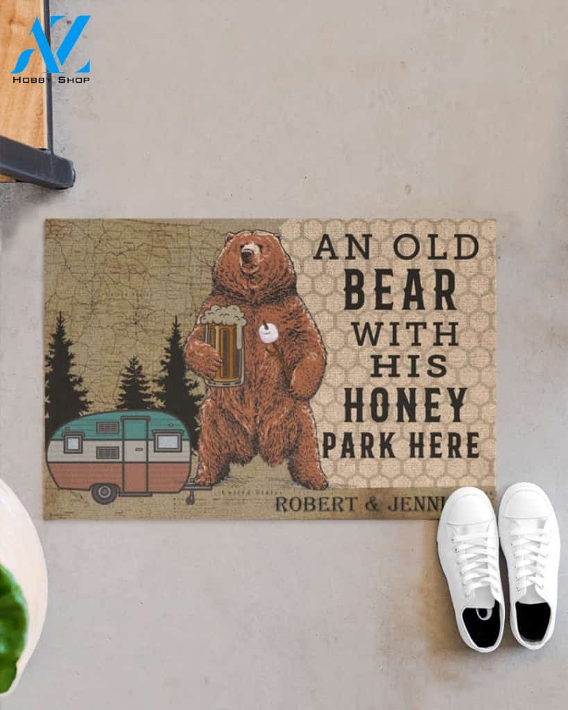 Personalized Camping an old bear with his honey park here doormat