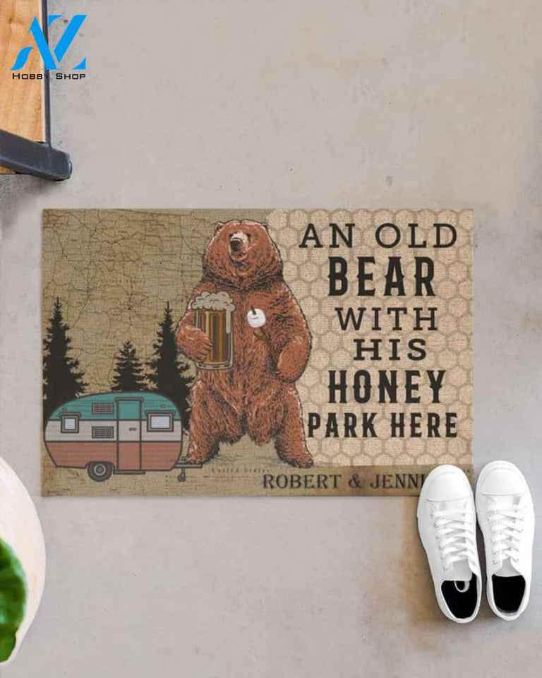 Personalized Camping an old bear with his honey park here doormat