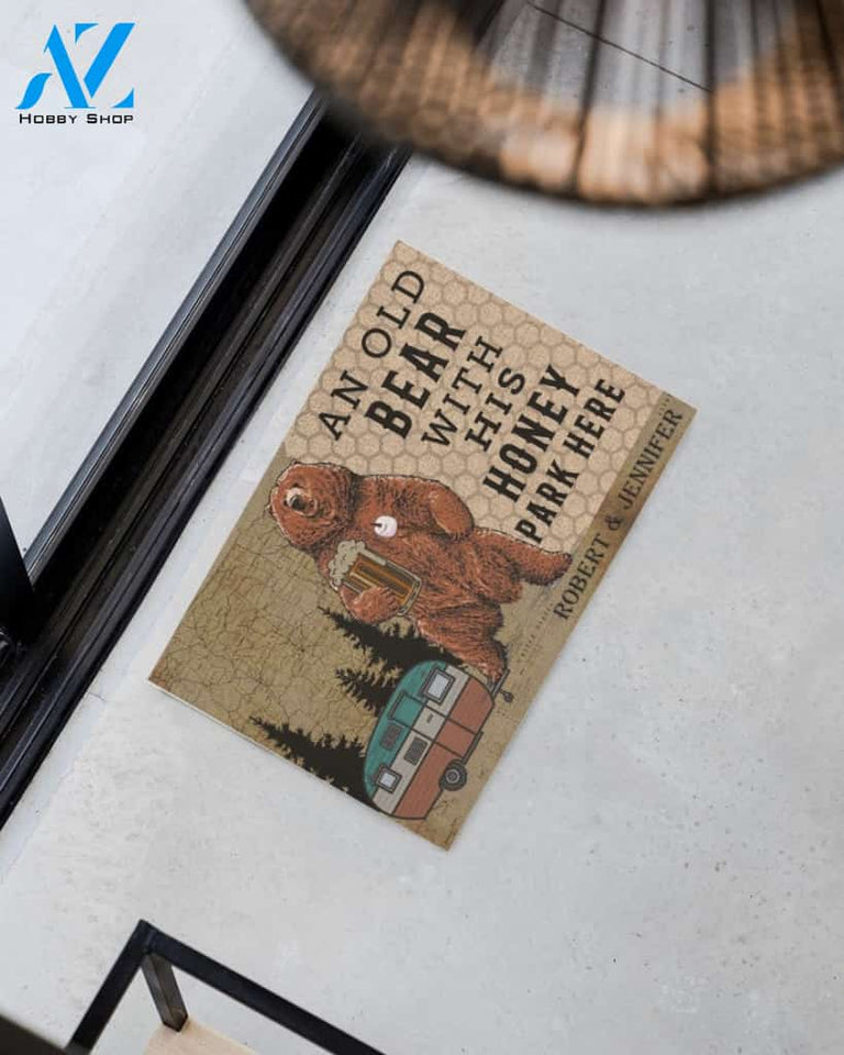 Personalized Camping an old bear with his honey park here doormat