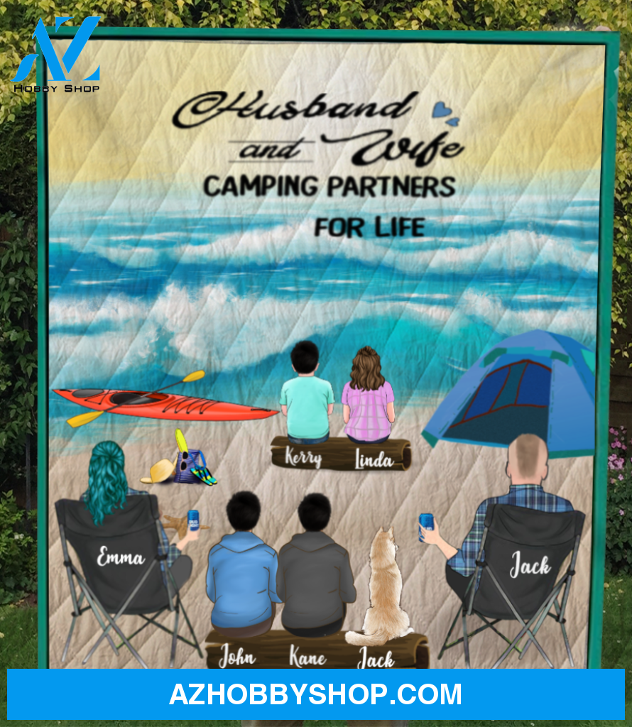 Personalized Camping Beach Quilt Blanket - Parents with 2 Kids, 2 Teens and 1 Dog - Gift Idea For The Whole Family - Husband and Wife Camping Partners For Life