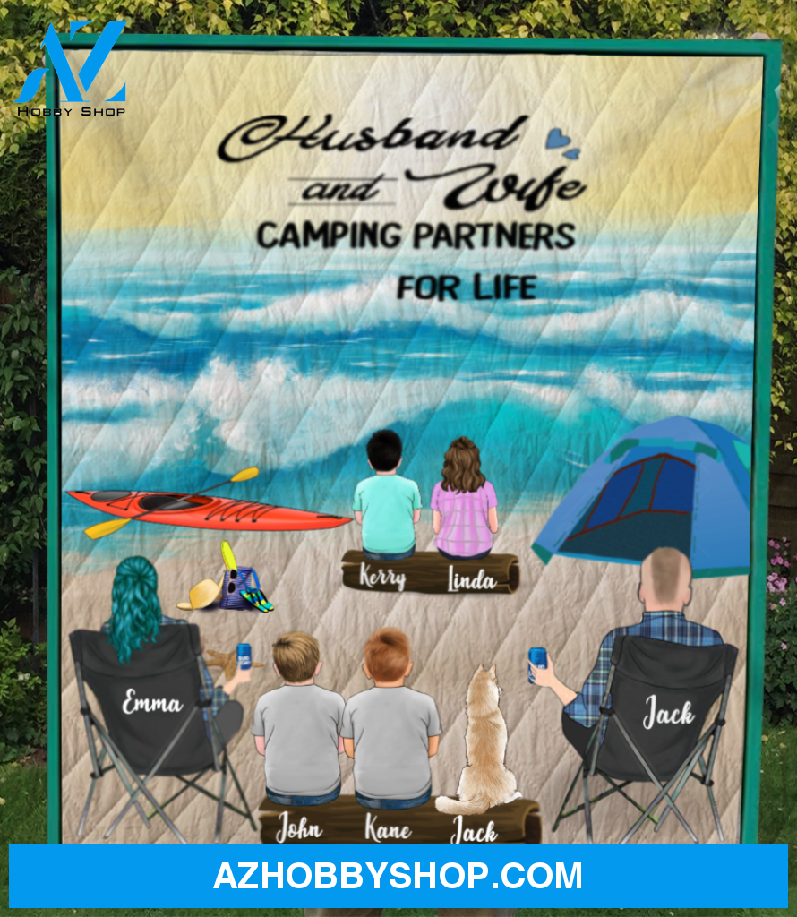 Personalized Camping Beach Quilt Blanket - Parents with 2 Kids, 2 Teens and 1 Dog - Gift Idea For The Whole Family - Husband and Wife Camping Partners For Life
