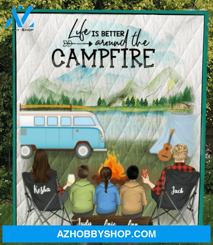 Personalized Camping Quilt Blanket Gift Idea For The Whole Family - Parents & 3 teens quilt