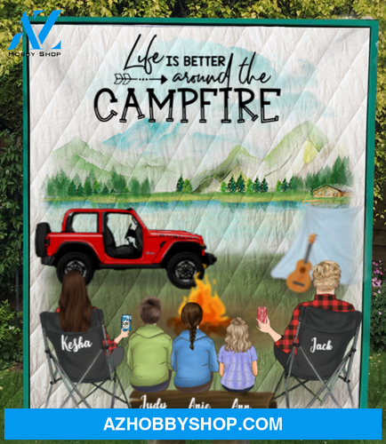 Personalized camping quilt blanket gift idea for the whole family - Parents with 2 teens, 1 kid Quilt