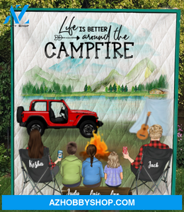 Personalized camping quilt blanket gift idea for the whole family - Parents with 2 teens, 1 kid Quilt
