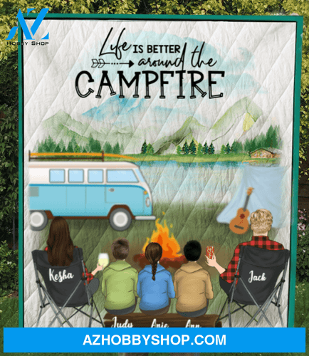 Personalized Camping Quilt Blanket Gift Idea For The Whole Family - Parents & 3 teens quilt