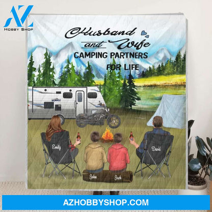 Personalized Camping Quilt Blanket - Parents with 2 Teens Mountain Camping Blanket - Gift Idea For The Whole Family