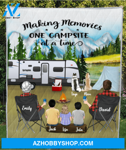 Personalized Camping Quilt Blanket Gift Idea For The Whole Family - Parents With 3 Kids & 2 Dogs Mountain Camping