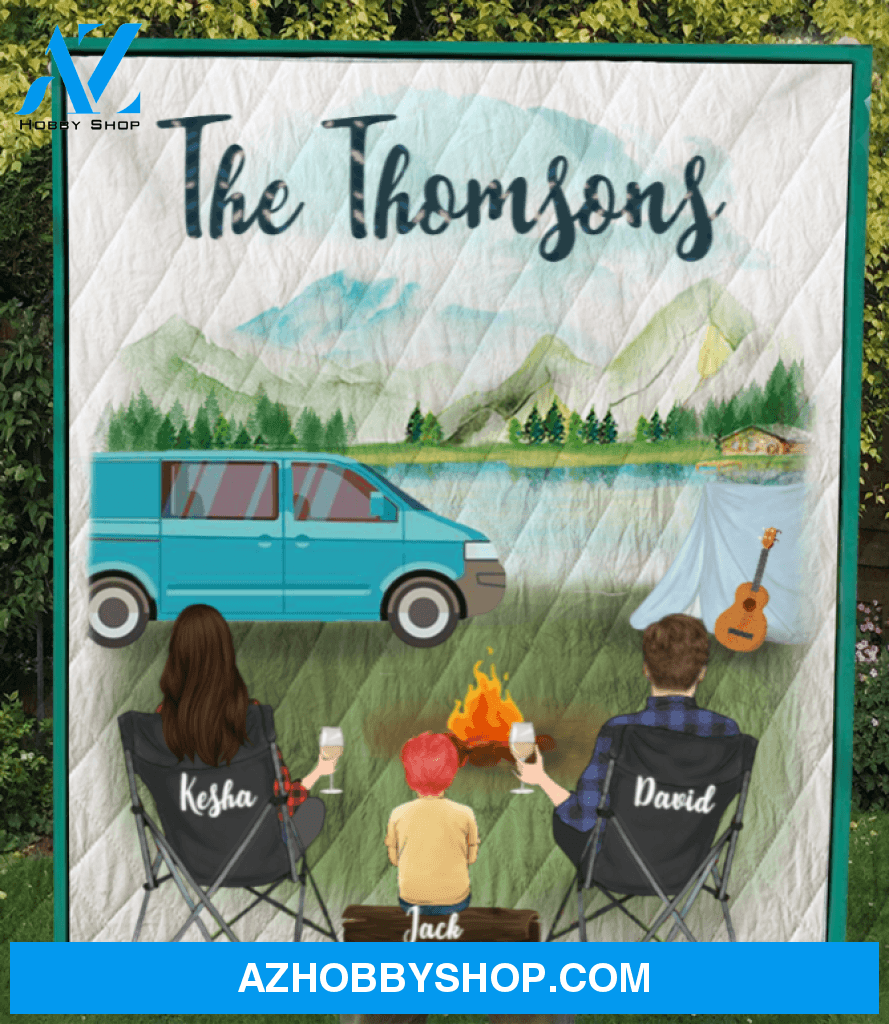 Personalized camping quilt blanket gift idea for the whole family - Parents & 1 kid blanket