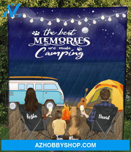 Personalized camping quilt blanket gift idea for the whole family, dog lovers - Couple, 1 Kid & 1 Dog night beach camping Quilt