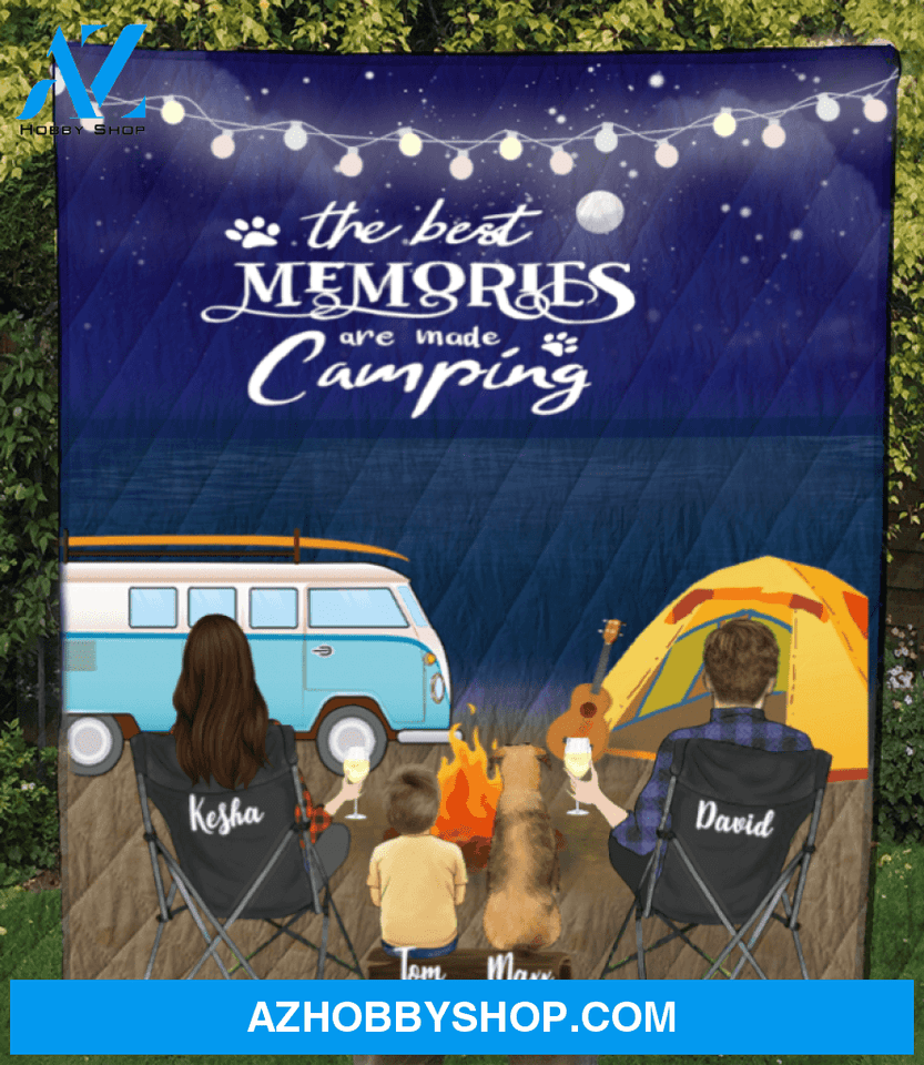 Personalized camping quilt blanket gift idea for the whole family, dog lovers - Couple, 1 Kid & 1 Dog night beach camping Quilt