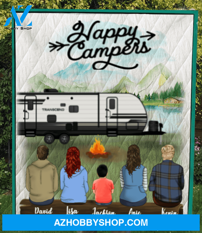 Personalized Camping Quilt Blanket - 4 Adult and 1 Kid Camping Blanket - Gift Idea For The Whole Family, Camping Lovers - Happy Campers
