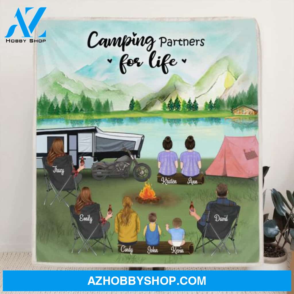 Personalized Camping Blanket - Gift For The Whole Family, Camping Lovers - 3 Adults with 5 Kids - Camping Partners For Life