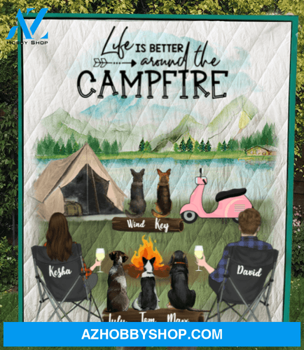 Personalized camping quilt blanket gift idea for the whole family, cat dog lovers - 5 Pets & Couple Camping - No Camper Version