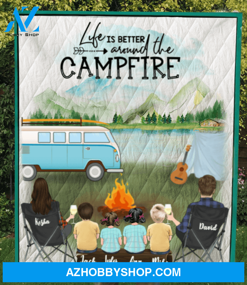 Personalized camping quilt blanket gift idea for the whole family - Parents with 4 kids camping quilt blanket