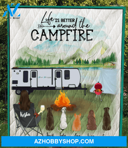 Personalized Camping Quilt Gift For Dog Mom - Mom & 5 Dogs camping quilt - Life is better around the campfire - Gift idea for dog moms