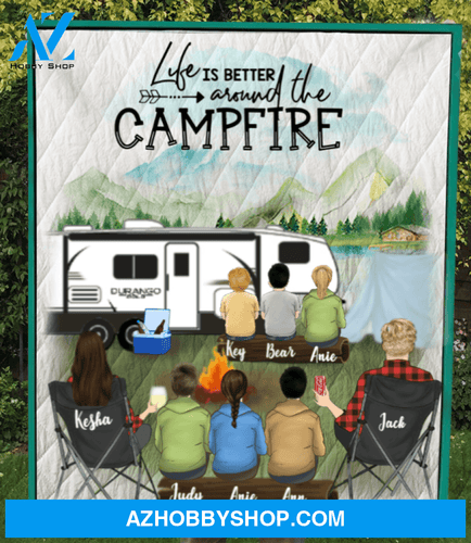 Personalized camping quilt blanket gift idea for the whole family - Parents & 4 teens, 2 kids