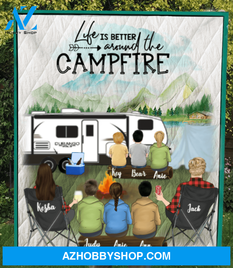 Personalized camping quilt blanket gift idea for the whole family - Parents & 4 teens, 2 kids