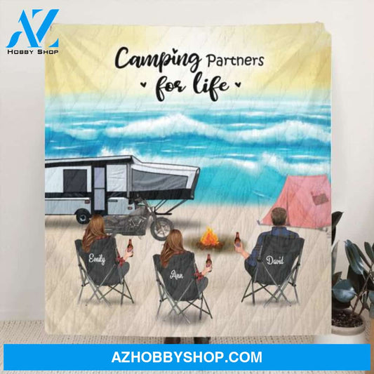Personalized camping quilt/fleece blanket - Upto 4 Adults and Pets camping at the beach - Gift idea for family, camping lovers - Camping Partners For Life -