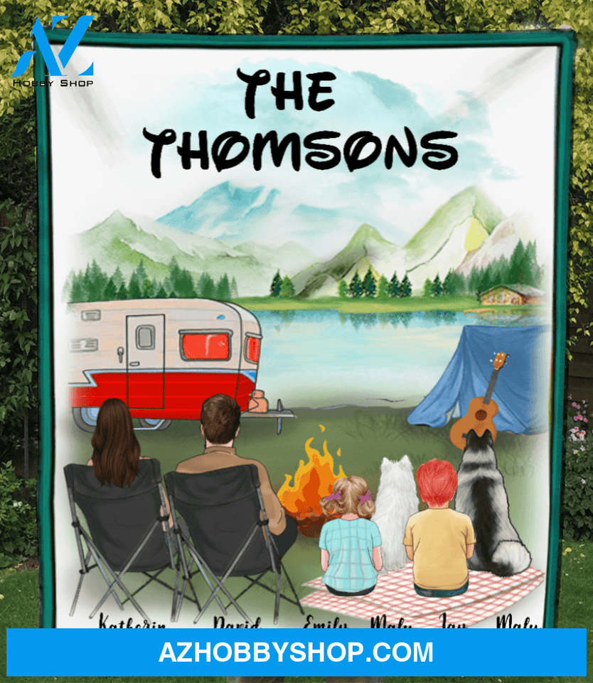 Personalized camping fleece blanket gift idea for the whole family - Parents & upto 2 kids, 2 dogs blanket