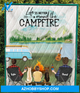 Personalized Camping Quilt Blanket, Gift For Same Sex Couples - Man & Man With 1 Kid, 2 Dogs