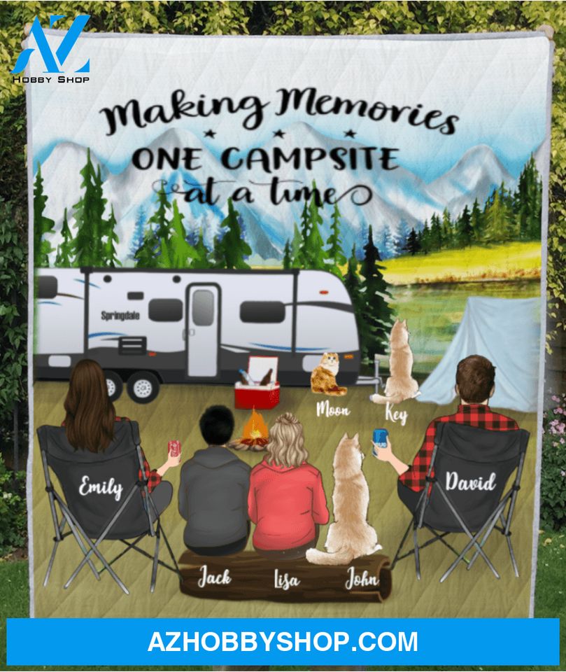 Personalized Camping Quilt Blanket Gift Idea For The Whole Family - Family with 2 Teens and 3 Pets