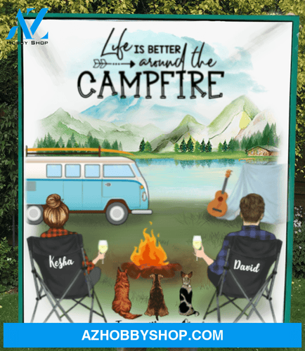 Personalized camping fleece blanket gift idea for the whole family, cat dog lovers - 3 Pets & Couple Camping - Life is better around the campfire
