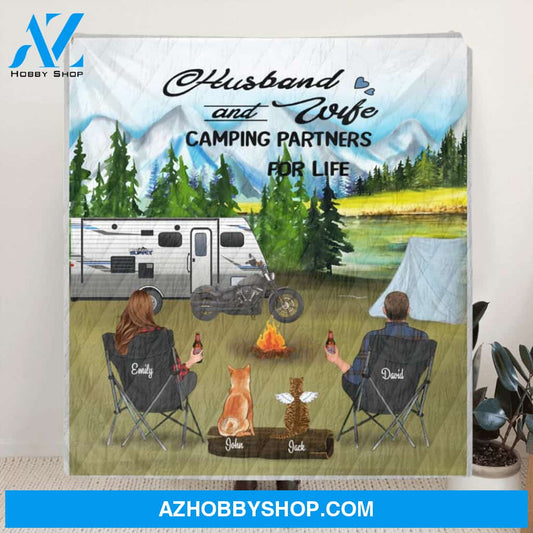 Personalized Camping Quilt/Fleece Blanket - Couple with 2 Pets - Gift Idea For Couple - Husband and Wife Camping Partners For Life