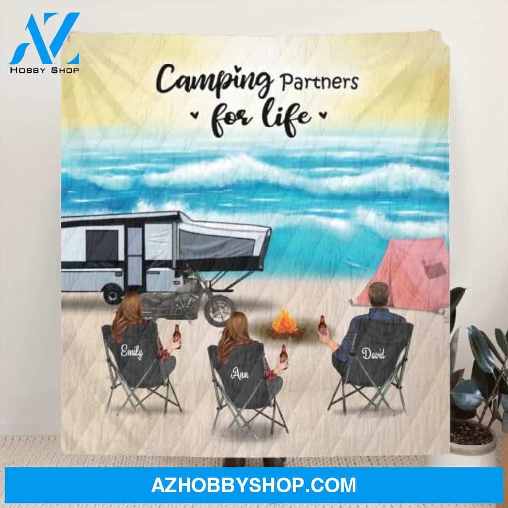 Personalized camping quilt/fleece blanket - Upto 4 Adults and Pets camping at the beach - Gift idea for family, camping lovers - Camping Partners For Life -