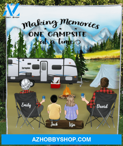 Personalized camping fleece blanket - Parents With 2 Kids Mountain Camping Fleece - gift idea for family, camping lovers - Making Memories One Campsite At A Home