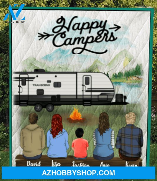 Personalized Camping Quilt Blanket - 4 Adult and 1 Kid Camping Blanket - Gift Idea For The Whole Family, Camping Lovers - Happy Campers