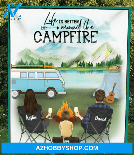 Personalized camping fleece blanket gift idea for the whole family - Parents & 1 kid