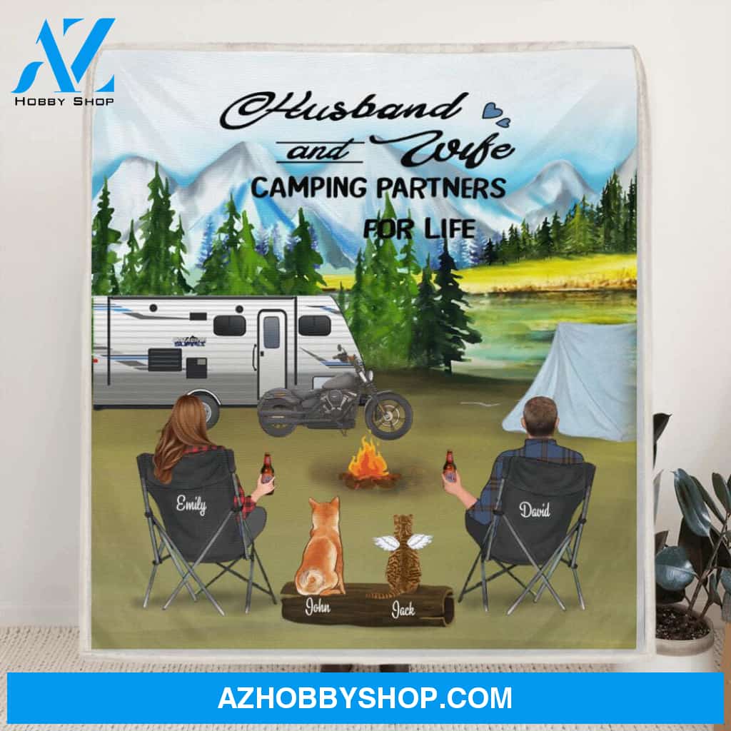 Personalized Camping Quilt/Fleece Blanket - Couple with 2 Pets - Gift Idea For Couple - Husband and Wife Camping Partners For Life